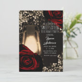 Rustic Glow Lantern & Dark Red Roses Sweet 16 Invitation (Standing Front)