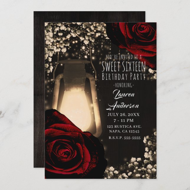 Rustic Glow Lantern & Dark Red Roses Sweet 16 Invitation (Front/Back)