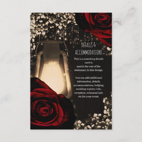 Rustic Glow Lantern Dark Red Roses Wedding Detail Enclosure Card