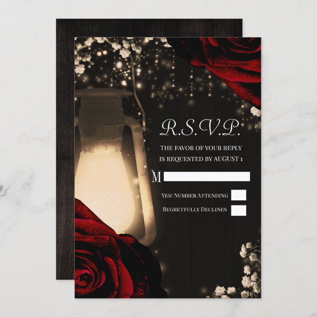 Rustic Glow Lantern & Dark Red Roses Wedding RSVP  Invitation (Front/Back)