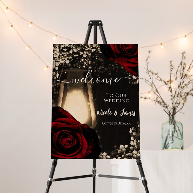 Rustic Glow Lantern Dark Red Roses Wedding Welcome Foam Board (In Situ (Stand))
