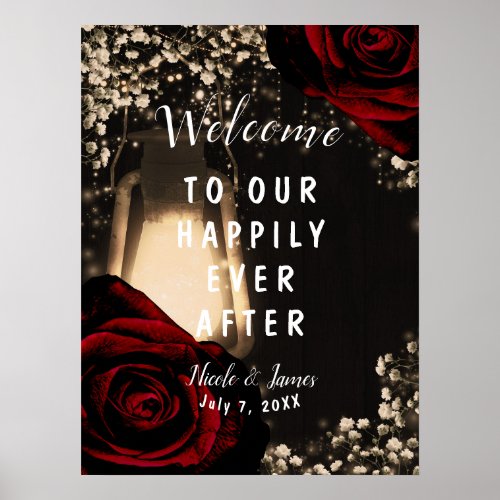 Rustic Glow Lantern Dark Red Roses Wedding Welcome Poster