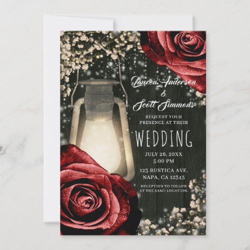 Rustic Glow Lantern Dark Red Roses Winter Wedding Invitation