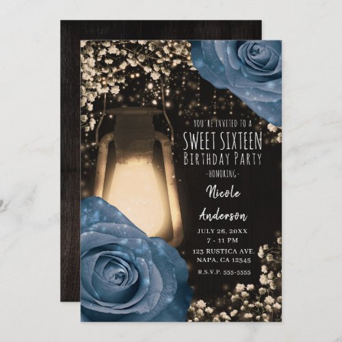 Rustic Glow Lantern Dusty Blue Roses Sweet 16 Invitation