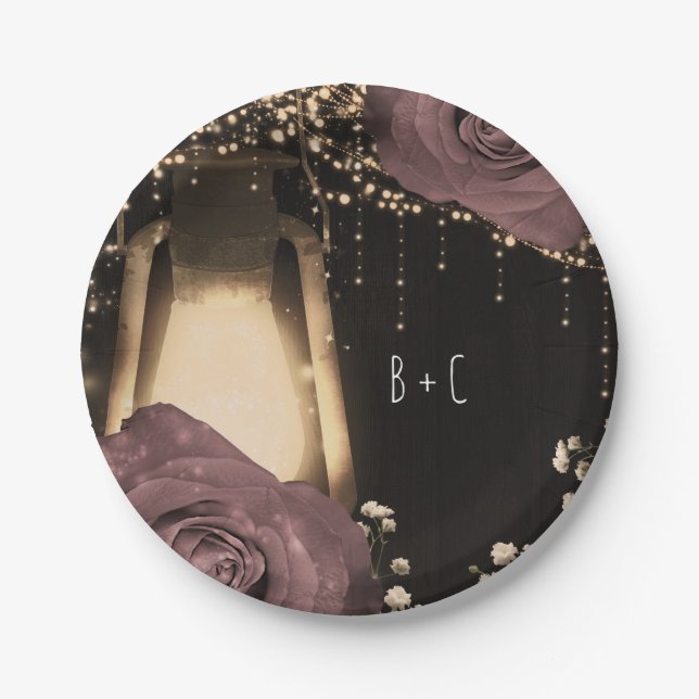 Rustic Glow Lantern Dusty Pink Mauve Roses Paper Plates (Front)