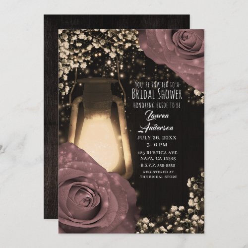 Rustic Glow Lantern Dusty Pink Roses Bridal Shower Invitation