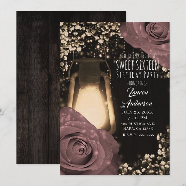 Rustic Glow Lantern Dusty Pink Roses Sweet 16 Invitation (Front/Back)