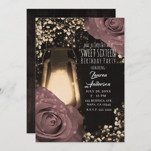 Rustic Glow Lantern Dusty Pink Roses Sweet 16 Invitation