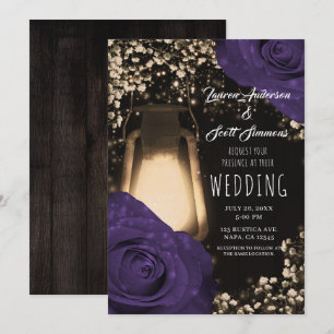 Rustic Glow Lantern Eggplant Color Roses Wedding   Invitation