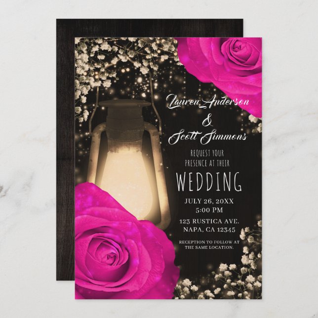 Rustic Glow Lantern & Fuchsia Hot Pink Wedding Invitation (Front/Back)