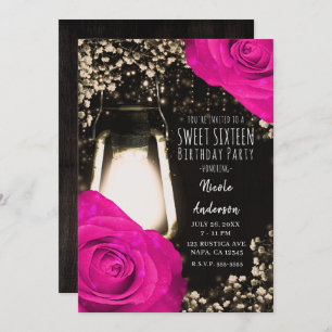 Rustic Glow Lantern & Fuchsia Pink Wedding Invitat Invitation