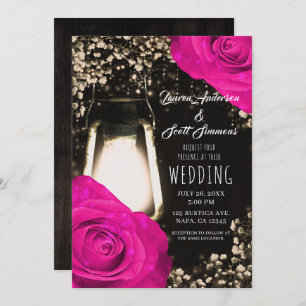 Rustic Glow Lantern & Fuchsia Pink Wedding Invitation