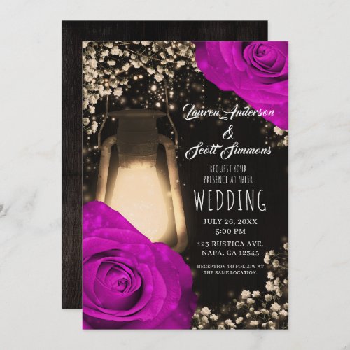 Rustic Glow Lantern  Fuchsia Wedding Invitation