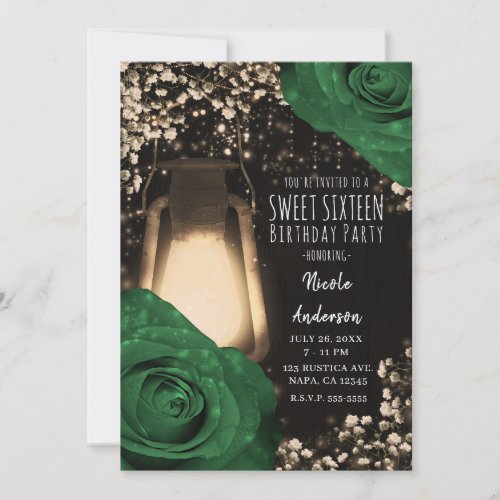 Rustic Glow Lantern Garden Green Roses Sweet 16 Invitation