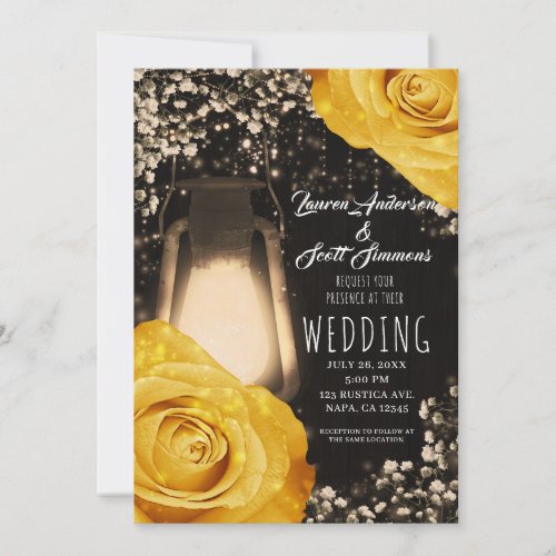 Rustic Glow Lantern Golden Yellow Roses Wedding  Invitation