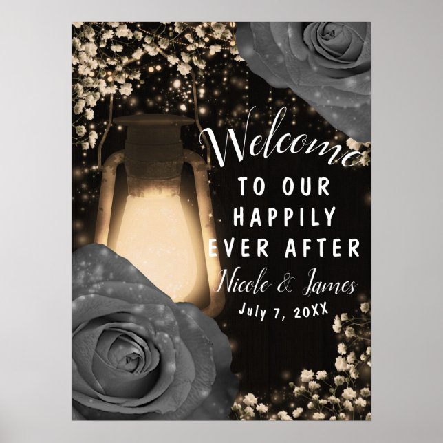 Rustic Glow Lantern Grey Roses Wedding Welcome Poster (Front)