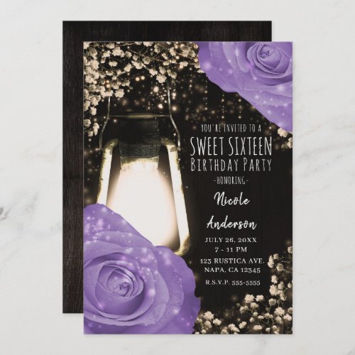 Rustic Glow Lantern Lavender Purple Roses Sweet 16 Invitation