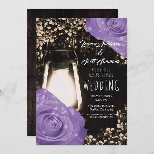 Rustic Glow Lantern Lavender Purple Roses Wedding  Invitation