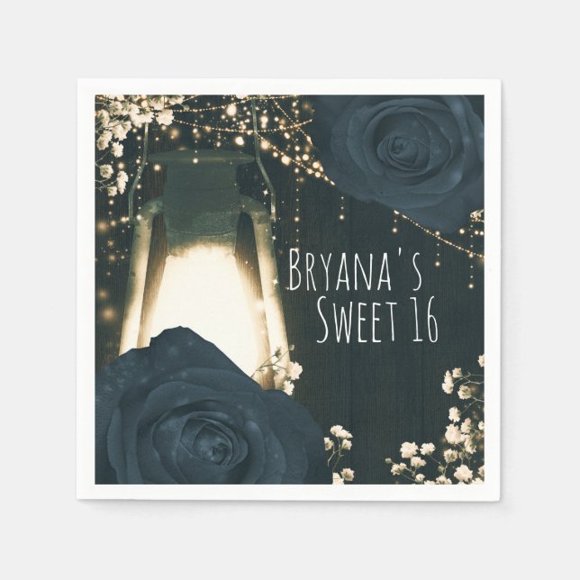 Rustic Glow Lantern Light Blue Black Roses Wedding Napkins (Front)