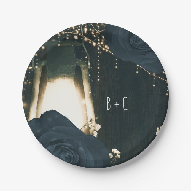 Rustic Glow Lantern Light Blue Black Roses Wedding Paper Plates (Front)