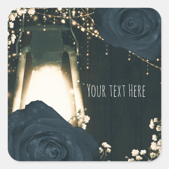 Rustic Glow Lantern Light Blue Black Roses Wedding Square Sticker (Front)