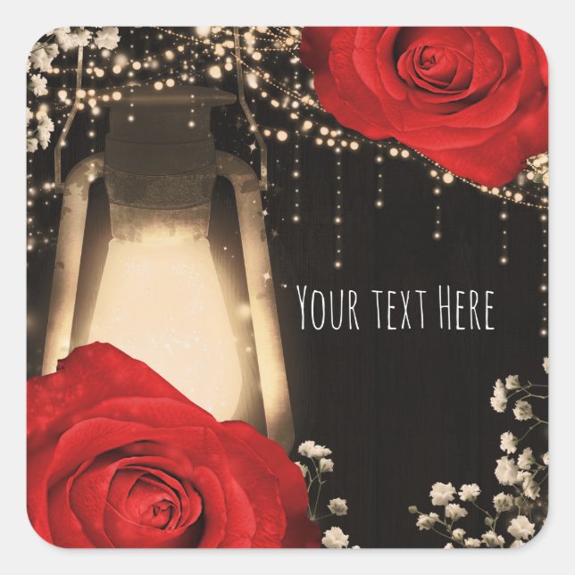 Rustic Glow Lantern Light Bright Red Roses Wedding Square Sticker (Front)