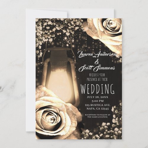 Rustic Glow Lantern Light Gold Roses Wedding   Inv Invitation