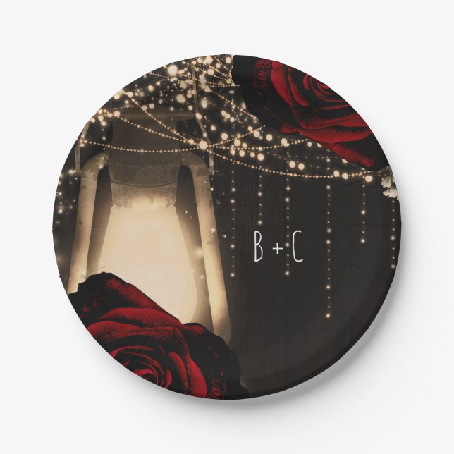Rustic Glow Lantern Lights Dark Red Roses Wedding Paper Plates (Front)