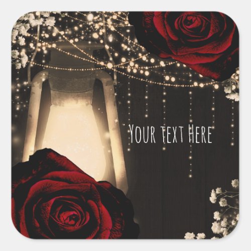 Rustic Glow Lantern Lights Dark Red Roses Wedding Square Sticker