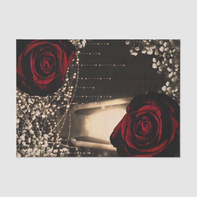 Rustic Glow Lantern Lights Dark Red Roses Wedding Tissue Paper (Front)