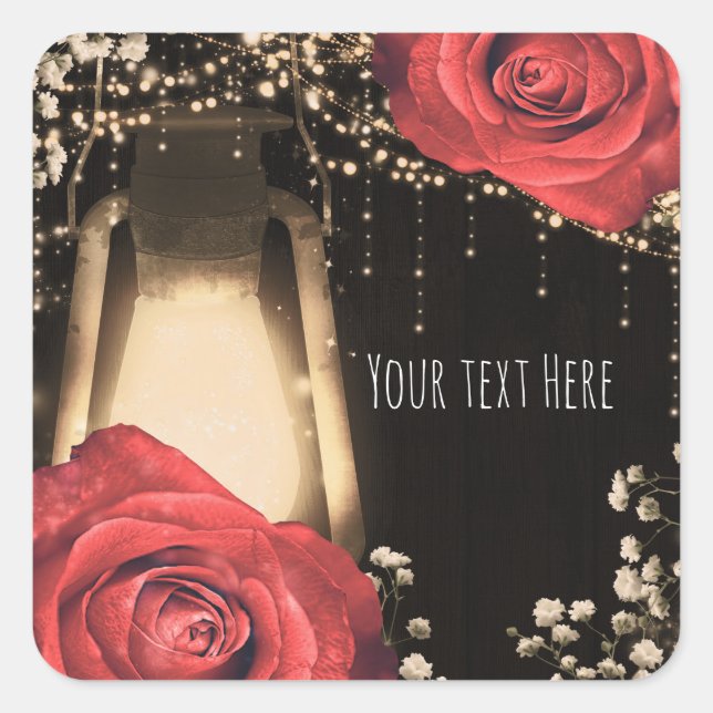 Rustic Glow Lantern Lights Red Roses Wedding Square Sticker (Front)