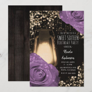 Rustic Glow Lantern Lilac Purple Roses Sweet 16 Invitation