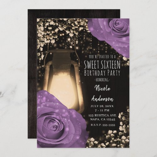Rustic Glow Lantern Lilac Purple Roses Sweet 16 Invitation