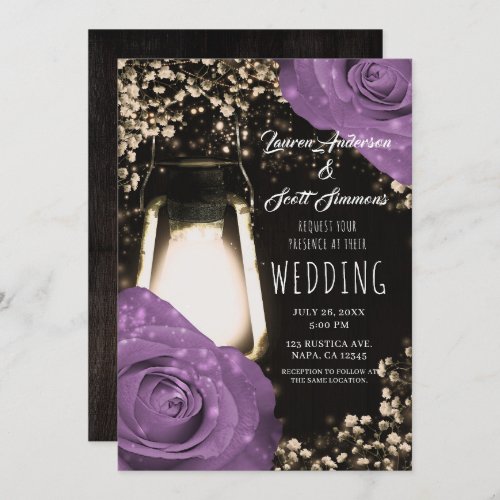 Rustic Glow Lantern Lilac Purple Roses Wedding  In Invitation