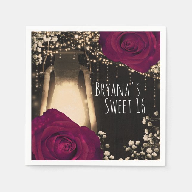 Rustic Glow Lantern Magenta Berry Roses Wedding Napkins (Front)