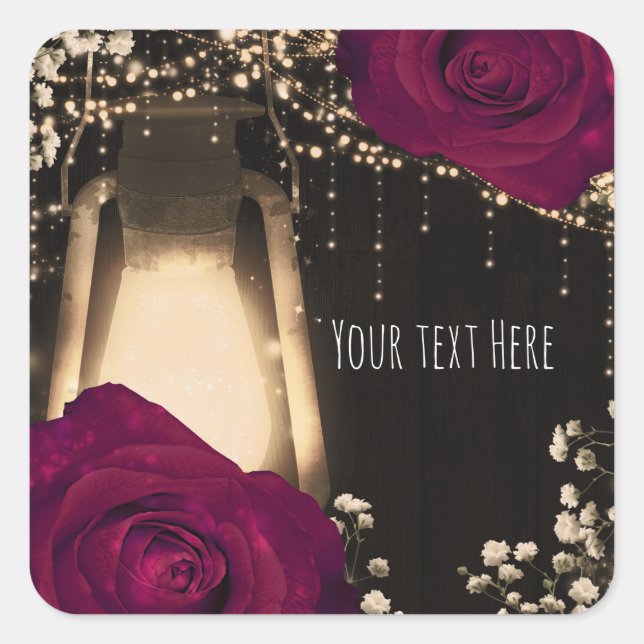Rustic Glow Lantern Magenta Berry Roses Wedding Square Sticker (Front)