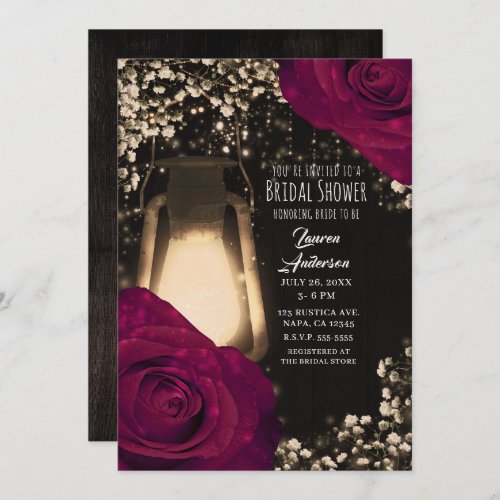 Rustic Glow Lantern Magenta Roses Bridal Shower Invitation