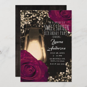 Rustic Glow Lantern & Magenta Roses Sweet 16 Invitation