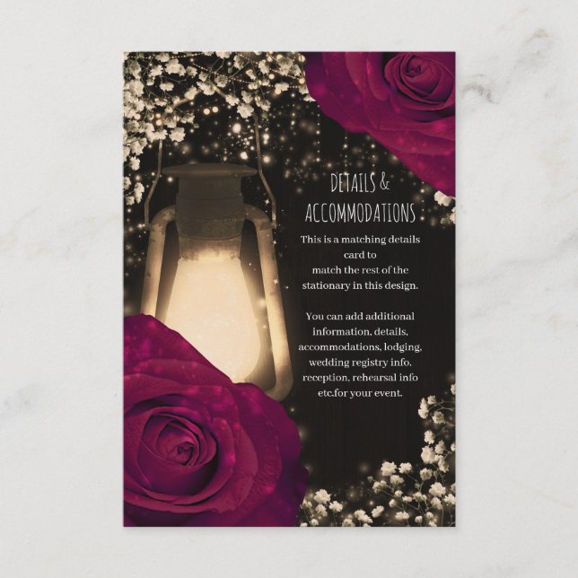 Rustic Glow Lantern Magenta Roses Wedding Details Enclosure Card (Front)