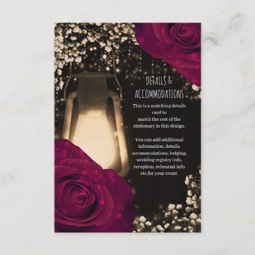 Rustic Glow Lantern Magenta Roses Wedding Details Enclosure Card