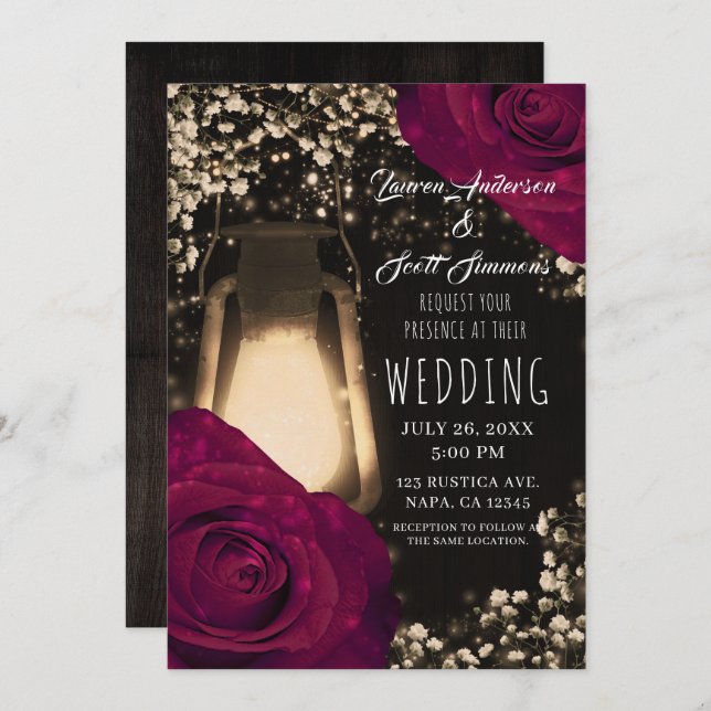 Rustic Glow Lantern & Magenta Roses Wedding Invitation (Front/Back)