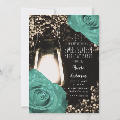 Rustic Glow Lantern Mint Green Roses Sweet 16 Invitation