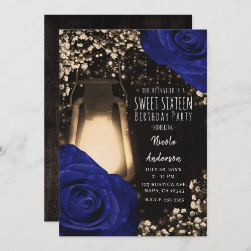 Rustic Glow Lantern Navy Roses Wedding Sweet 16 Invitation