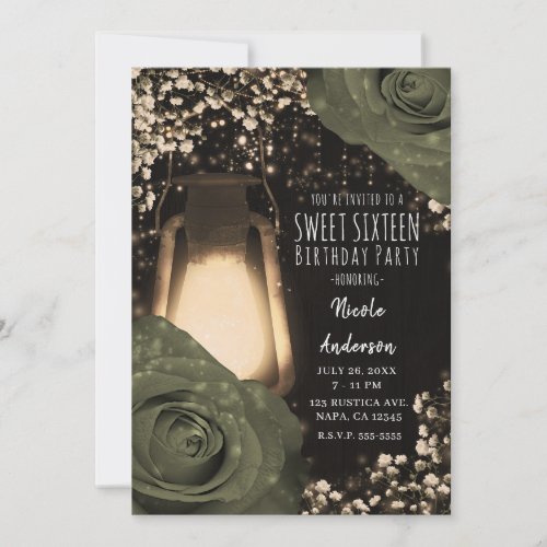Rustic Glow Lantern Olive Sage Roses Sweet 16  Invitation