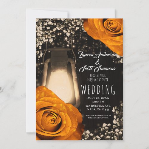 Rustic Glow Lantern Orange Autumn Roses Wedding In Invitation