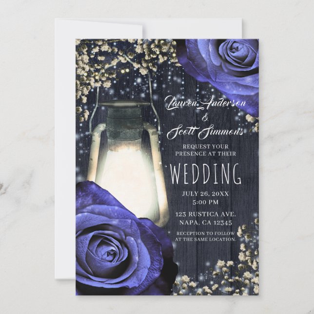 Rustic Glow Lantern Purple Roses Winter Wedding Invitation (Front)