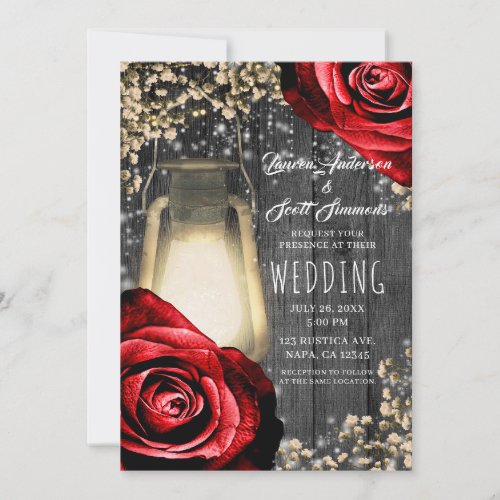 Rustic Glow Lantern Red Roses Dark Grey Wedding Invitation