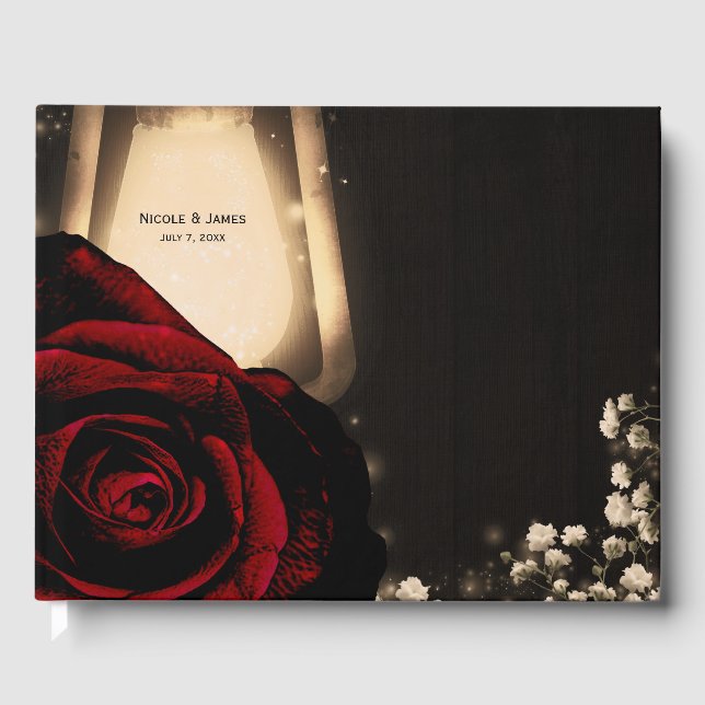Rustic Glow Lantern Red Roses Floral Wedding  Guest Book (Front)