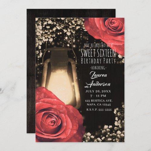 Rustic Glow Lantern  Red Roses Sweet 16 Invitation