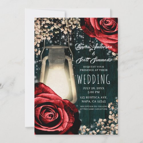 Rustic Glow Lantern Red Roses  Teal Wedding Invitation